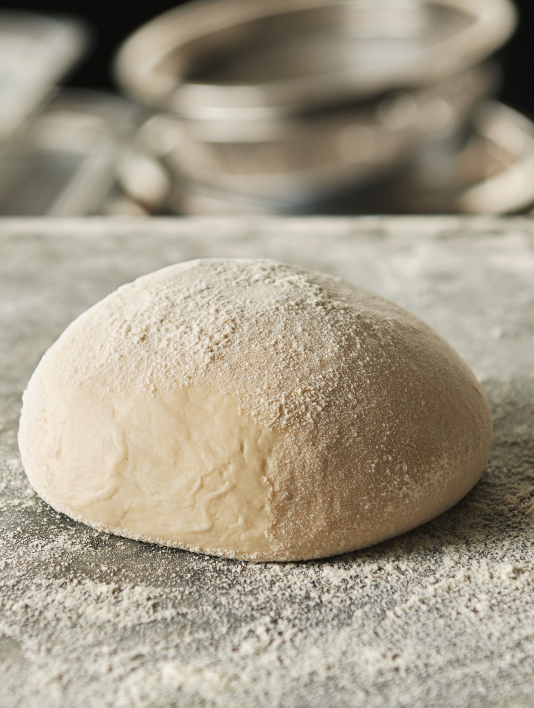 pizza dough ball resting on a slab